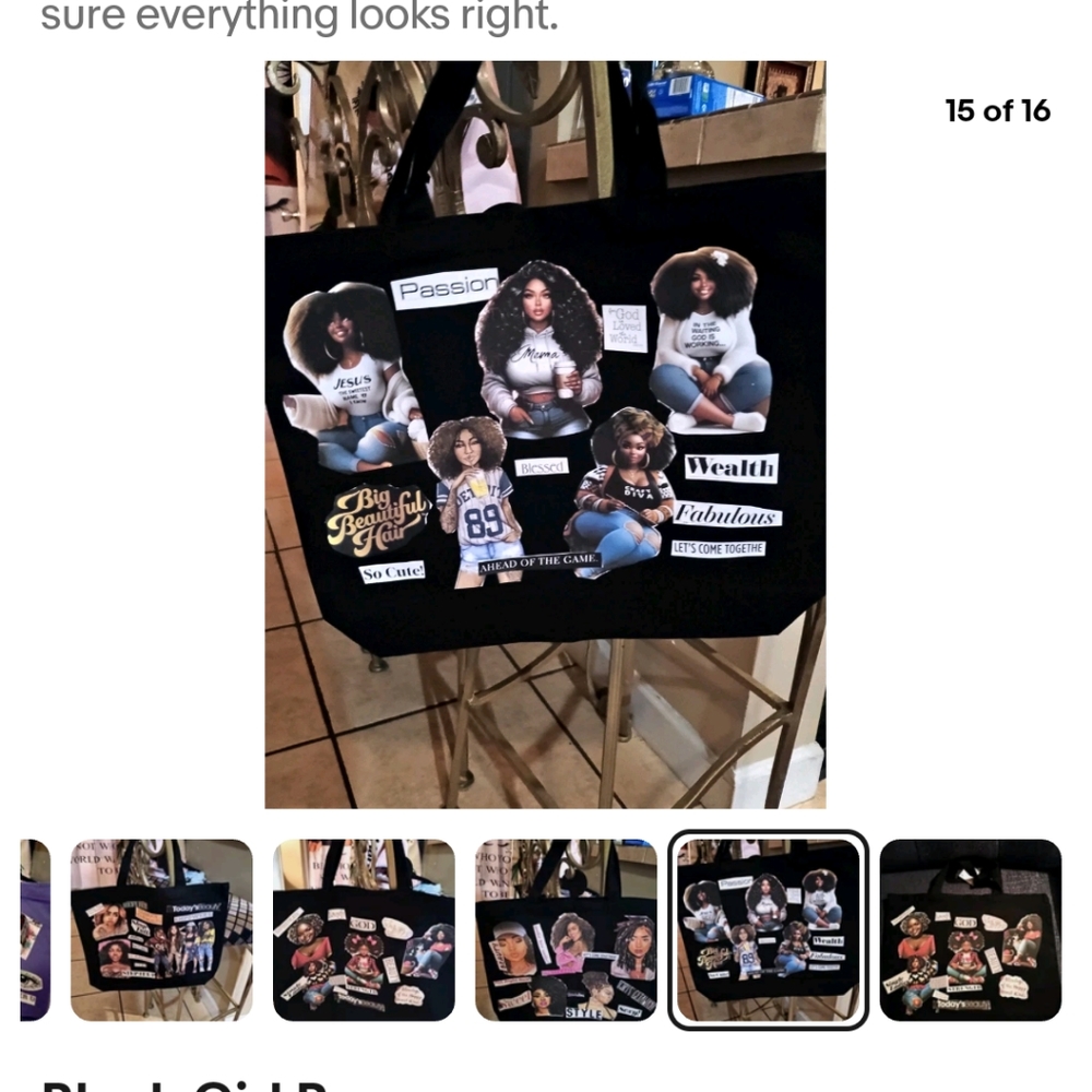 Black Canvas Tote Bag with Retro Style Photo Collage Print
